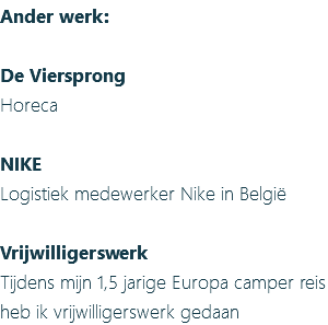 Ander werk: De Viersprong Horeca NIKE Logistiek medewerker Nike in België Vrijwilligerswerk Tijdens mijn 1,5 jarige Europa camper reis heb ik vrijwilligerswerk gedaan